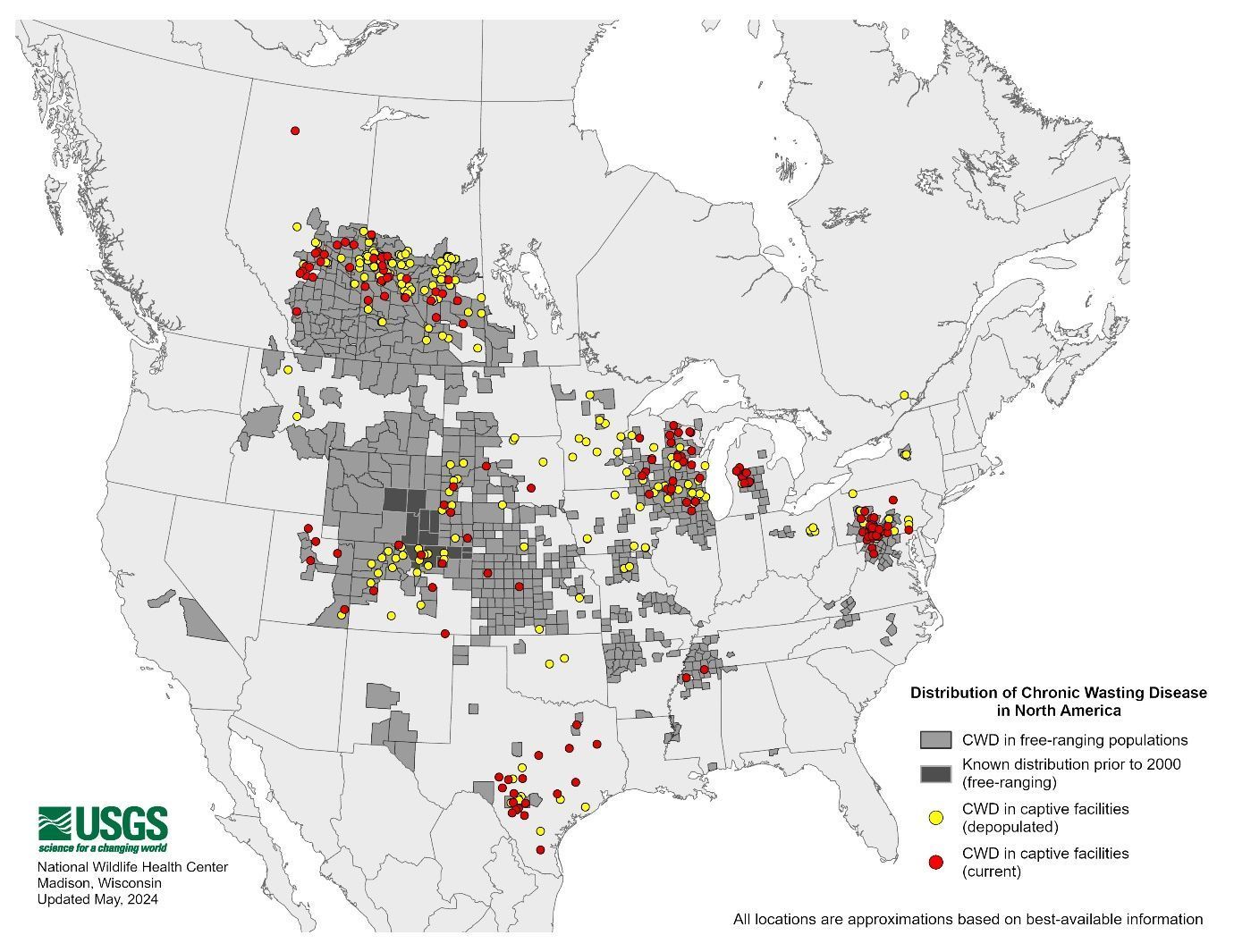 A map of North America showing the distribution of CWD in Canada and the United States. Shading highlights areas where CWD is in free-ranging populations and the known distribution in free-range populations before 2000. Yellow dots show depopulated captive facilities with CWD and red dots show current captive facilities with CWD.