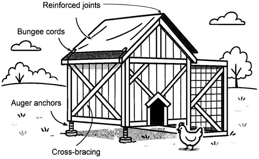 Illustration of reinforcements on a chicken coop. Credit: AI-generated image using ChatGPT and the prompt, “Create a simple drawing of the following concept so readers can view an illustration: ‘You can strengthen the coop structure by adding cross-bracing and reinforcing joints. Use bungee cords or straps to secure tarps or as reinforcement for roofs,’” June 5, 2025.