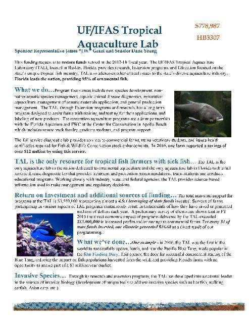 Figure 1. UF/IFAS Tropical Aquaculture Lab One-Pager.