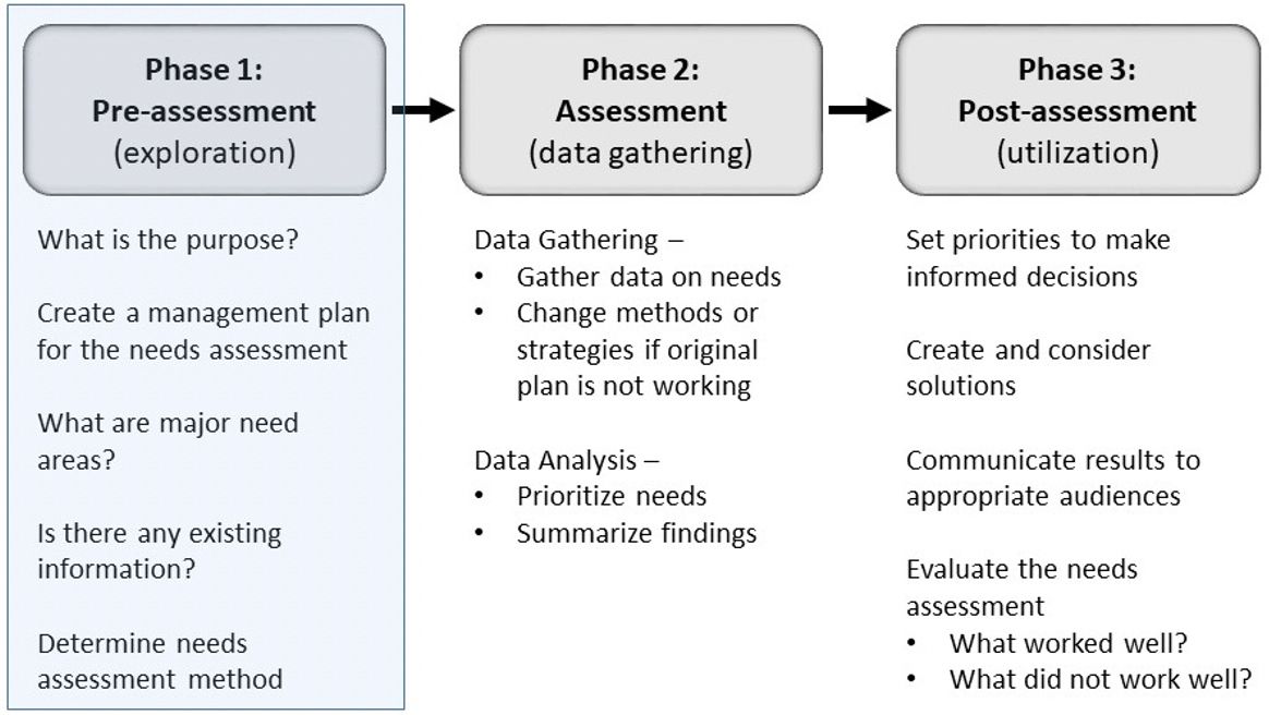 Three-phase plan for needs assessment adapted from Witkin and Altschuld (1995).